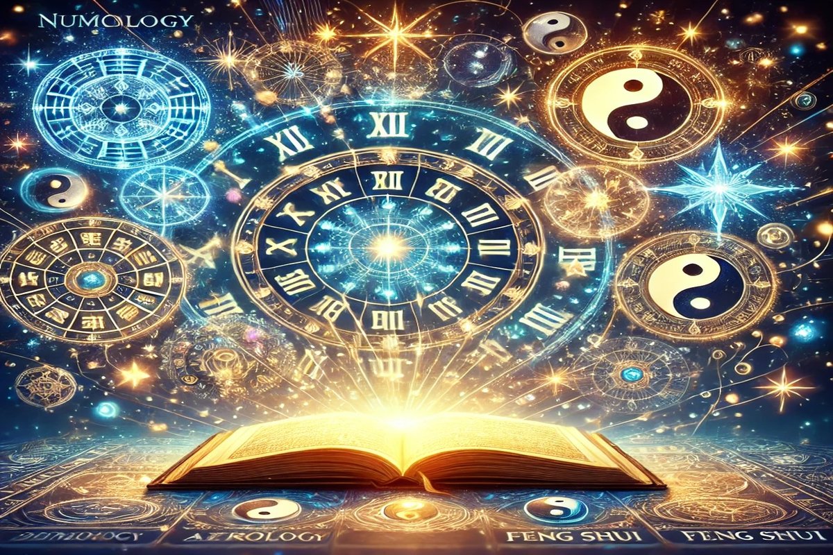 An enchanting digital illustration with a celestial theme, featuring glowing stars, a zodiac wheel, and numerological symbols in vibrant blues and golds. An open book radiates light with mystical symbols floating above, surrounded by a yin-yang symbol, a golden compass, and representations of palmistry and Feng Shui.